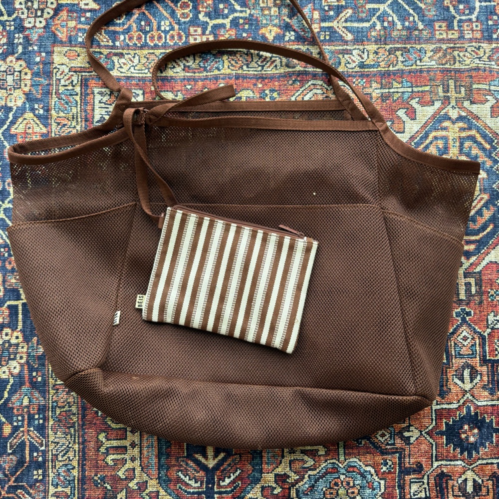 BEIS Brown Tote with Striped Pouch